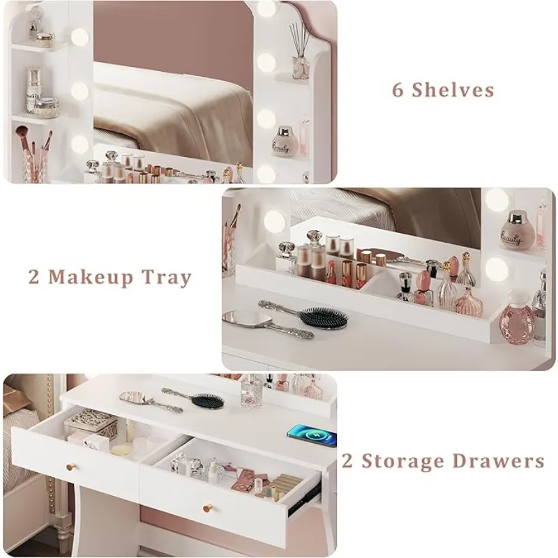 Makeup Vanity Desk with Mirror and Lights, Small Vanity with Fabric Storage Drawer & Chair & Shelves, Bedroom 6