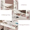 Makeup Vanity Desk with Mirror and Lights, Small Vanity with Fabric Storage Drawer & Chair & Shelves, Bedroom 6