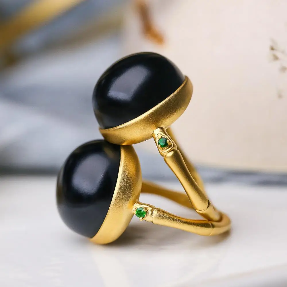 Silver Rings Silver Ring Jade Ring Natural Hetian black jade round bead opening adjustable ring Chinese retro elegant bamboo charm