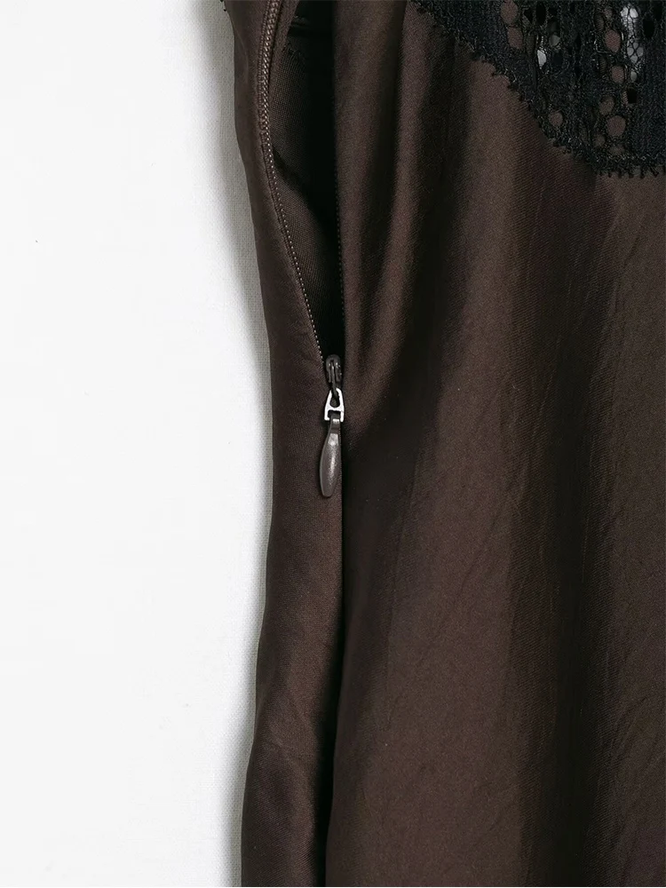 2026 New Women Satin Sling Dress Chic Lace Patchwork Backless V-neck Sleeveless Irregular Midi Dress Fashion Ladies Streetwear