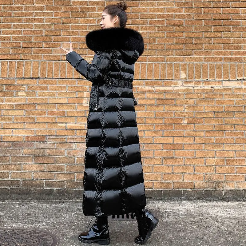 2023 New Women Down Jacket Winter Coat Female Extended Version Parkas Slim Fit Thick Outwear Hooded Real Fur Collar Overcoat