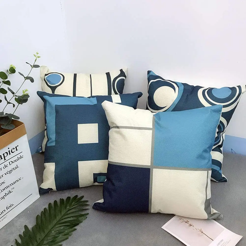 Modern Blue Geometric Linen Cushion Cover for Car Living Room Sofa Bedroom Home Decor, 40x40 45x45 50x50 60x60 Pillowcase 2