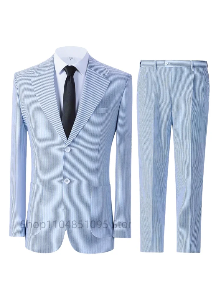 Casual Men's Seersucker Suit Streetwear Elegant Fashion Popular Men Clothes Blue Striped Well Fitting Two Buttons Blazer Pant