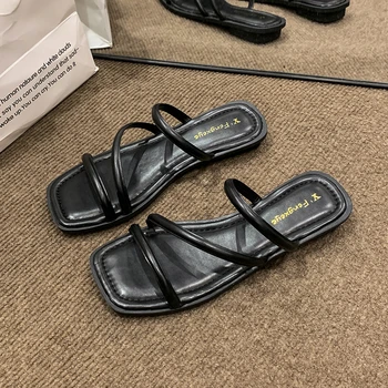 여성용 스퀘어 토 플랫 슬리퍼, 원피스 비치 슈즈, 캐주얼 아늑한 샌들, 슬링백 쪼리 브랜드 슬라이드, 2024 여름 신상