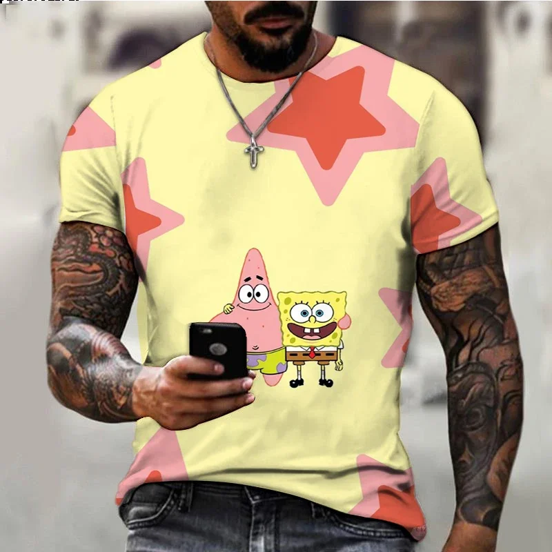 2024 Summer Children's SpongeBob T-shirt Kids Fashion Casual Men's Round Neck T-shirt Cartoon Boys Clothes Girls Tops 2