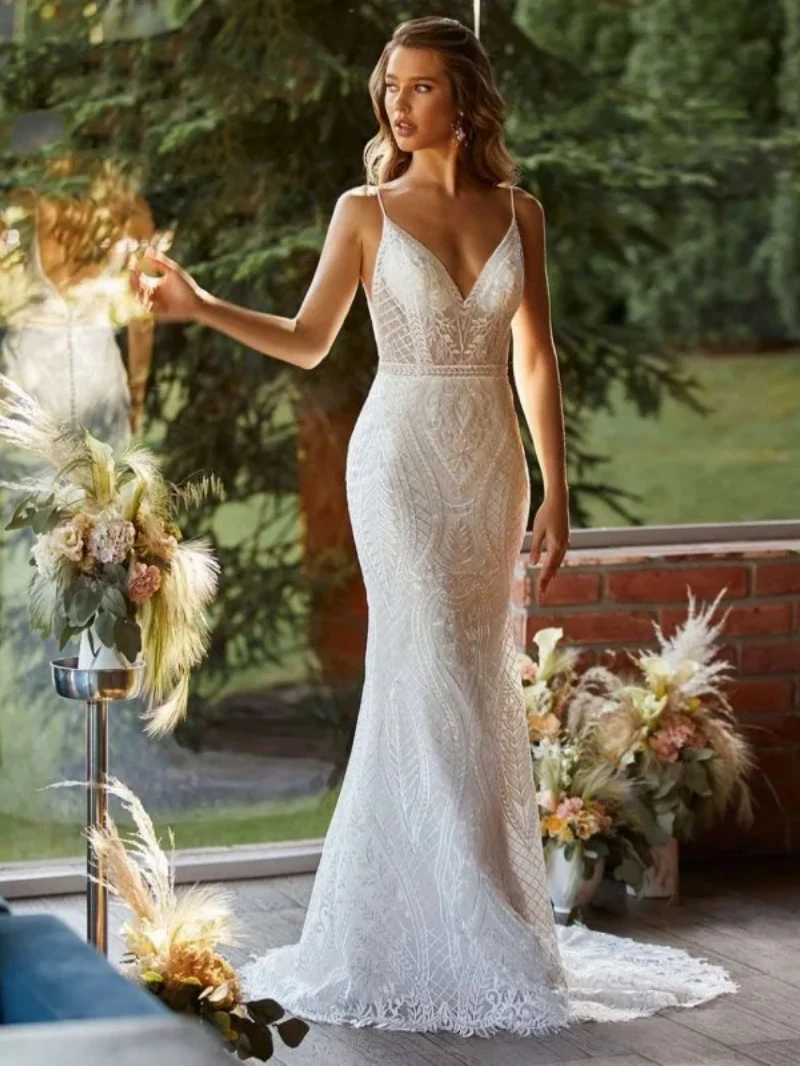 Simple Wedding Dresses For Women 2024 V-Neck Bridal Gowns Lace Appliques Sheath Mermaid Sexy Robes Vestidos De Novia Customized 3