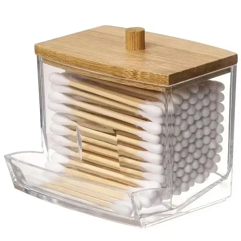 Cotton Swab Storage Box Double Head Cotton Buds Container Transparent Square Bamboo Cover Swab Toothpick Organize Box cotton swab box cotton swab storage box