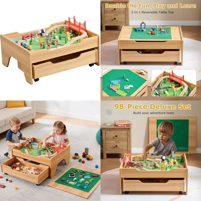 19953-428062.jpg 3-in-1 Wooden Train Activity Table with Storage, Rolling Toddler Train Track Table for Building and Gaming