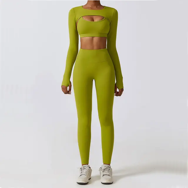 Women's Sportswear Yoga Set Workout Clothes Athletic Wear Sports Gym Legging 2/3PCS Fitness Bra Crop Top Long Sleeve Yoga Suit 1