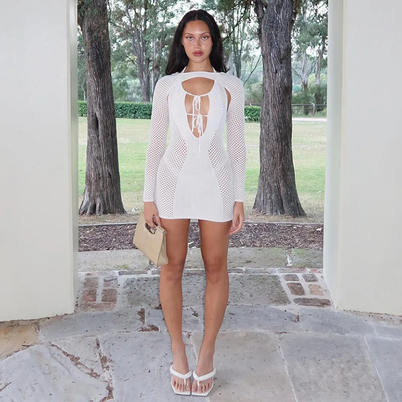 

Sexy Crochet Knitted Two Piece Skirt Sets Autumn Long Sleeve Shaw Night Club Backless Fishnet Patchwork Bodycon Mini Dress Suits