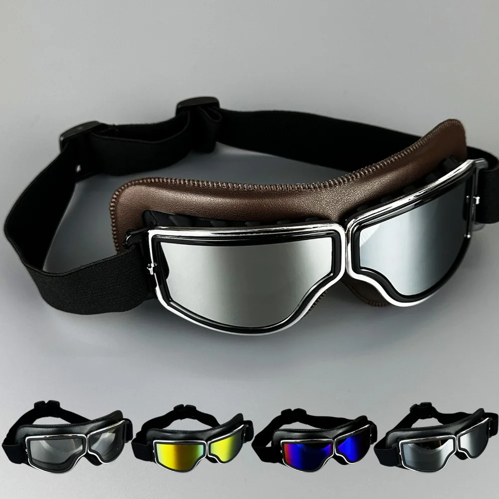 Motorcycle Goggles Safety Protective Sport Sunglasses Retro Vintage Scooter Pilot Leather Windproof UV for Outdoor Bicycle Cycling Ski