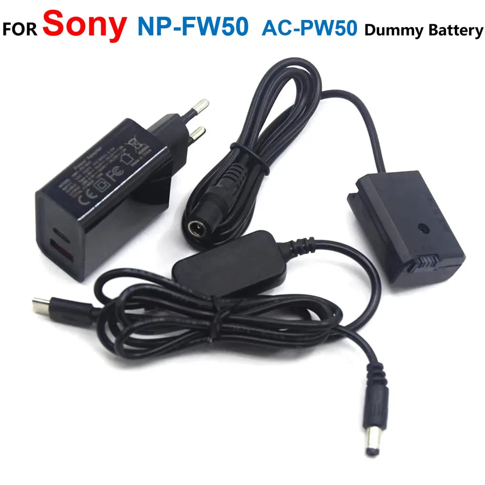 Np-Fw50 Batteria Falsa + Cavo Di Alimentazione Usb C + Adattatore Per Caricabatterie Pd Per Sony Nexc3 Nexc5 Nex7 A3500 A5100 A5000 A7000 Slta33 A7R A