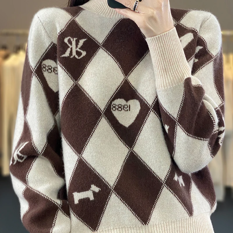 

New Knitted Bottoming Shirt Women's 100%Merino Wool Half Turtleneck Loose Color Block Cashmere Design Autumn And Winter Sweater