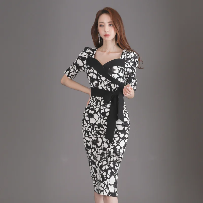

Slim Fit Printing Womens Dresses Sweetheart Neck Cinch in the Waist Sexy Dress Lace-up Sheath Black Elegant Dresses for Women