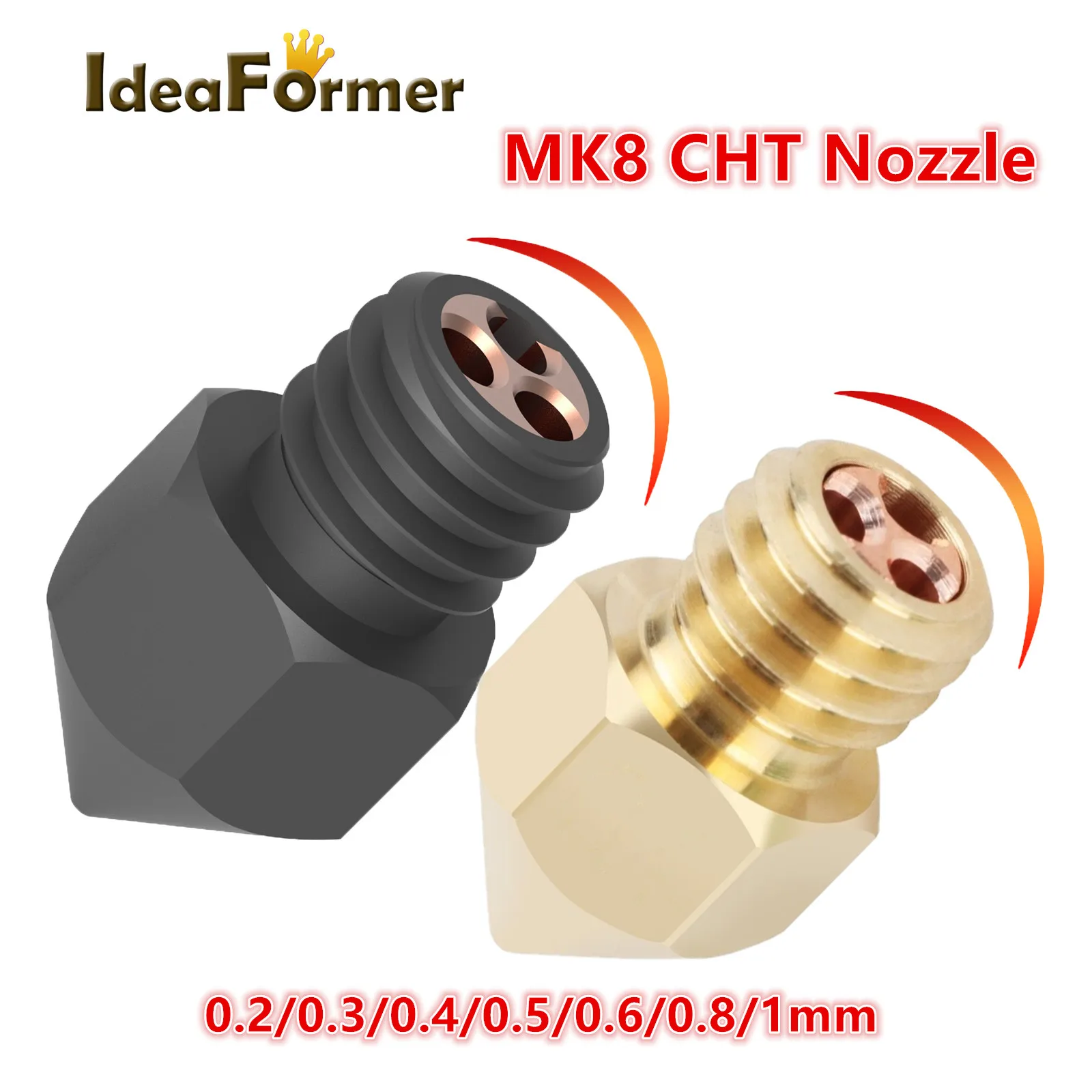 1/2/3Pcs MK8 CHT Nozzle 0.2/0.3/0.4/0.6/0.8/1mm High Flow Hardened Steel Nozzle 3D Printer Parts for Ender-3 CR10 MK8 Nozzle