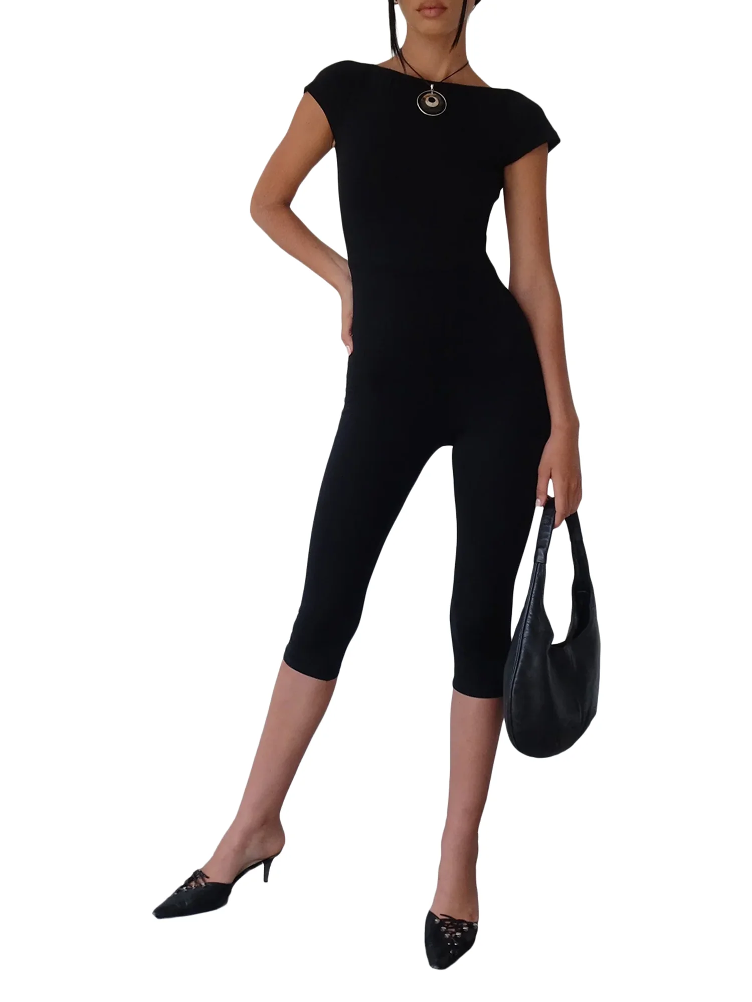 

Women s Short Sleeve Round Neck Backless Capri Jumpsuit - Slim Fit Romper for Yoga Workout and Biking