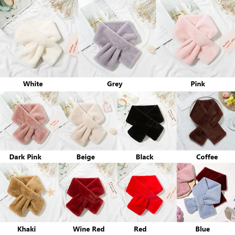 Women Winter Warm Thicken Cross Collar Scarf  Solid Color Faux Rabbit Fur Plush Elegant Shawl Scarfs 5