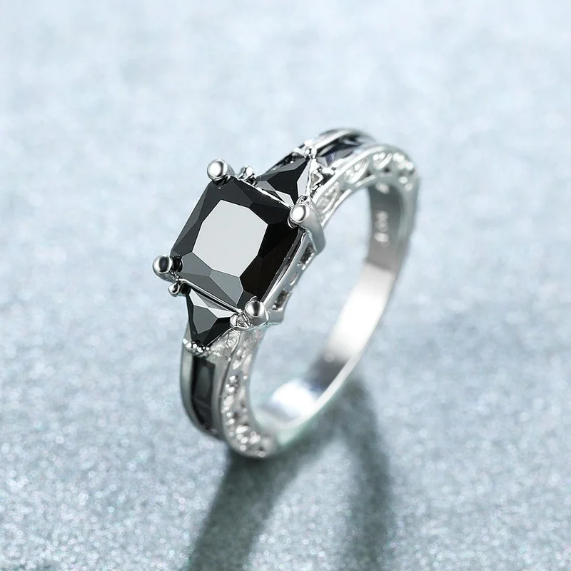 Silver Ring Delicate Trendy for Women Elegant Princess Cut Inlaid Black Zircon Stones Wedding Engagement Jewelry