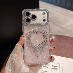Rhinestone Love Heart Laser Shockproof Phone Case with Diamond Lens Frame and Shell Pattern Design - iPhone 15 (Pink)