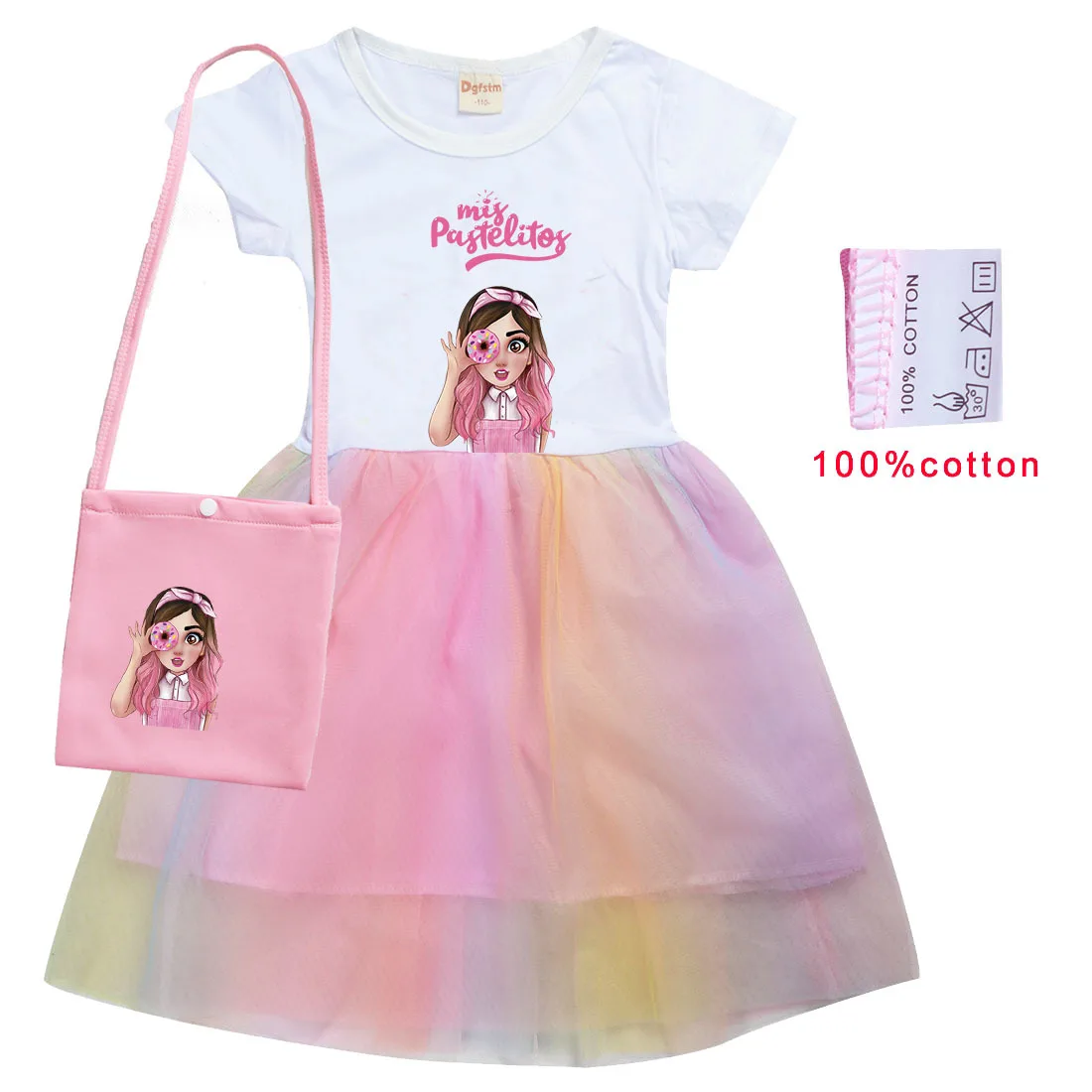 Mis Pastelitos Cartoon Costume Kids Summer Rainbow Dress Girls Wedding Party Princess Vestidos Baby Girl Short Sleeve Dresses