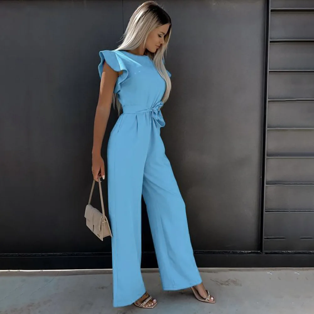 2023 new Women Flutter Sleeve Round Neck Cutout Ruffle Hem Long Jumpsuit