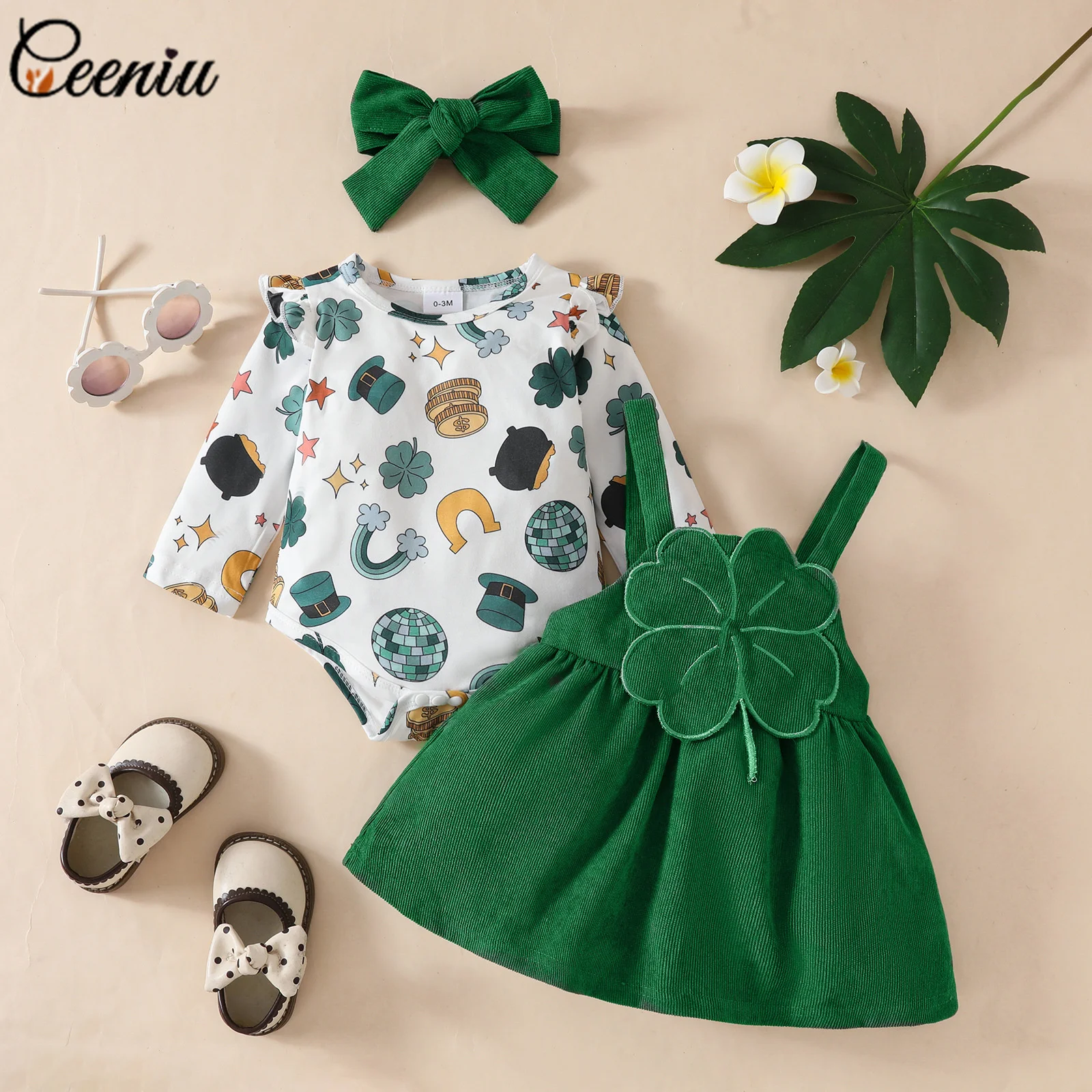 Ceeniu My First St Patricks Day Baby Costume Allover Print Romper+Green Clover Corduroy Dress For Girls Spring Baby Outfit Sets 2