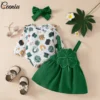 Ceeniu My First St Patricks Day Baby Costume Allover Print Romper+Green Clover Corduroy Dress For Girls Spring Baby Outfit Sets 2
