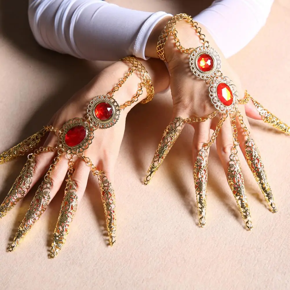 

Indian Thai Golden Finger Bracelet 5 Long Finger Nails Ethnic Belly Dance Props Indian Thai Shining Red Crystal Dance Bangle