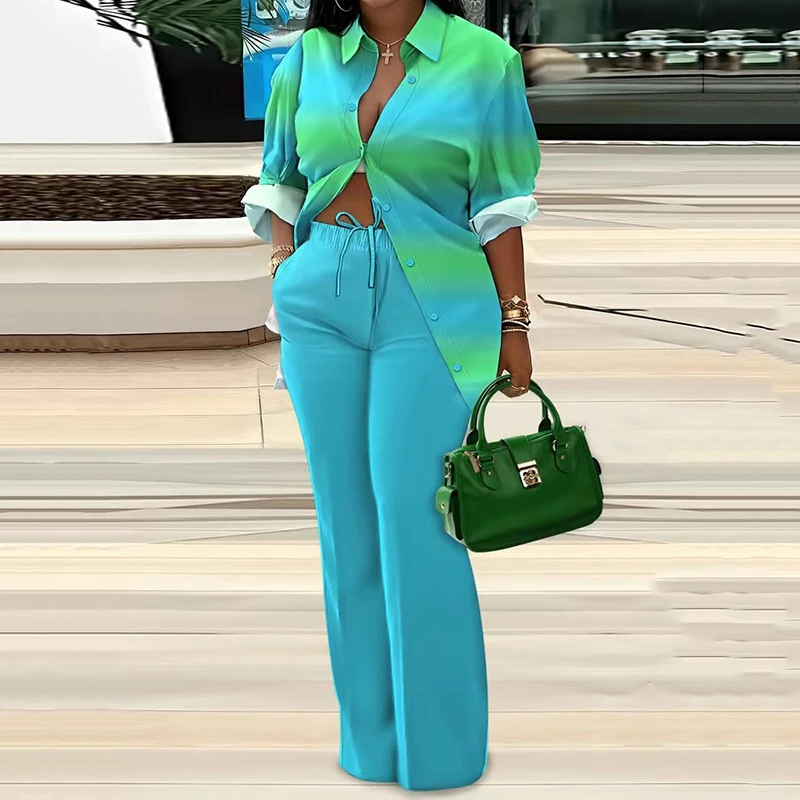 

Новинка 2023, женские брючные комплекты, модная Однотонная рубашка с отложным воротником и широкие брюки, комплекты из предметов, весенние повседневные свободные костюмы