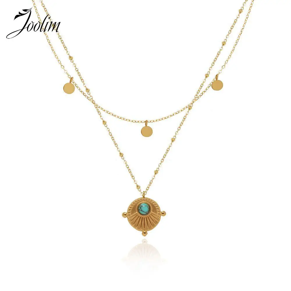 

Joolim Jewelry Wholesale Fashion Bohemian Double Layer Clavicle Chain Turquoise Pendant Stainless Steel Necklace for Women