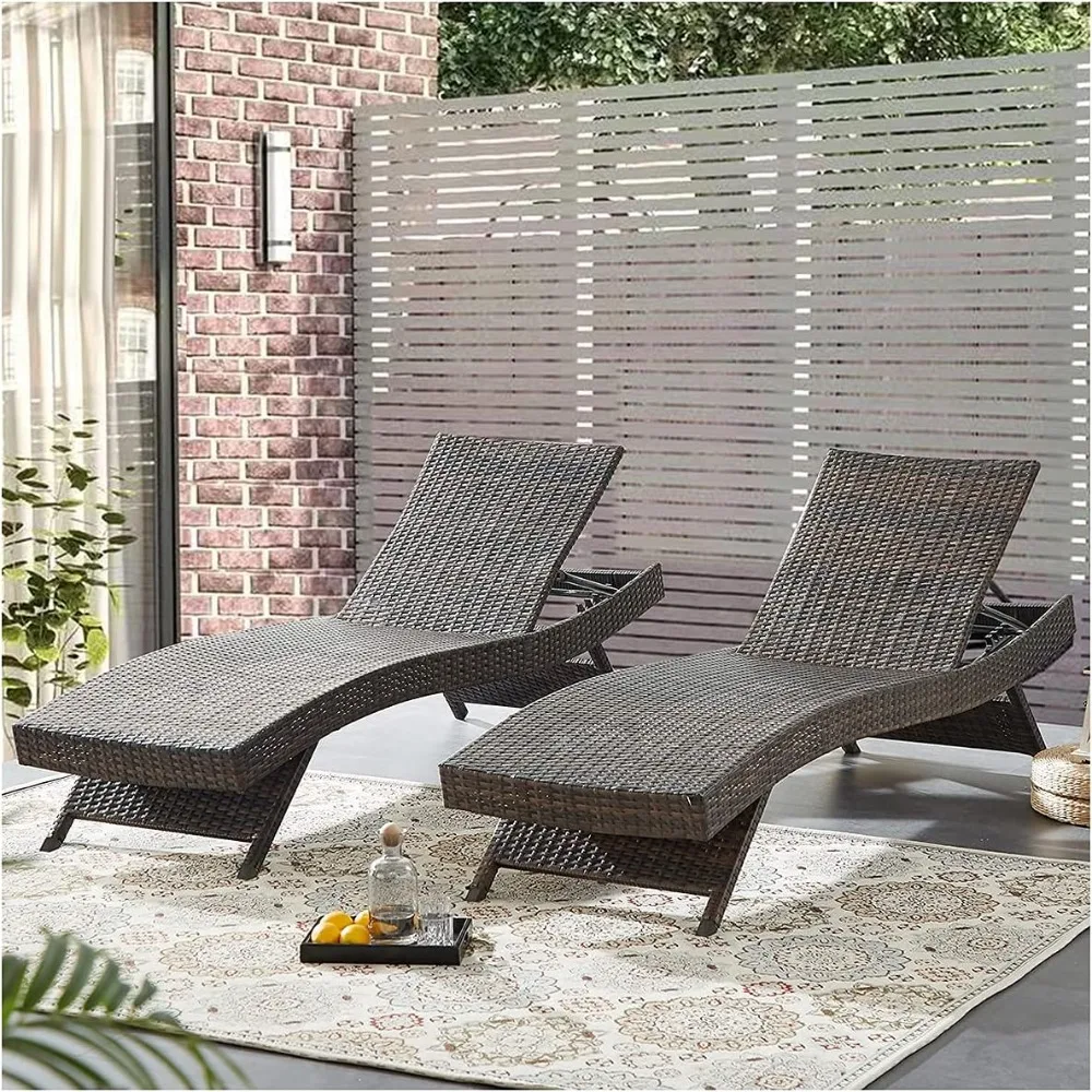 

Long Reclining Chaise Lounge of 2 Pieces, 5 Position Adjustable Backrest, All Weather Outdoor Lounge Chairs.