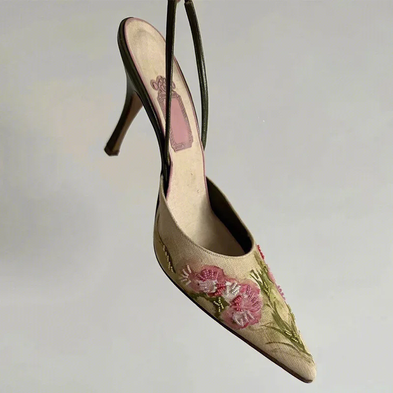 

Women'S Sandals Vintage Thin Heels Pointed Toe Floral Embroidered Print Stiletto Sandals Females Shoes Summer Retro Elegant