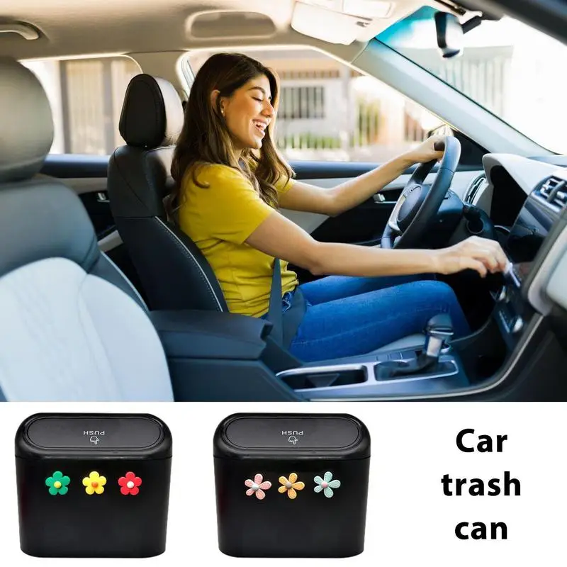 

Mini Car Trash Bin Cute Flower Design Automotive Trash Container Hangable Cartoon Universal Vehicle Trash Bin With Lid For Home