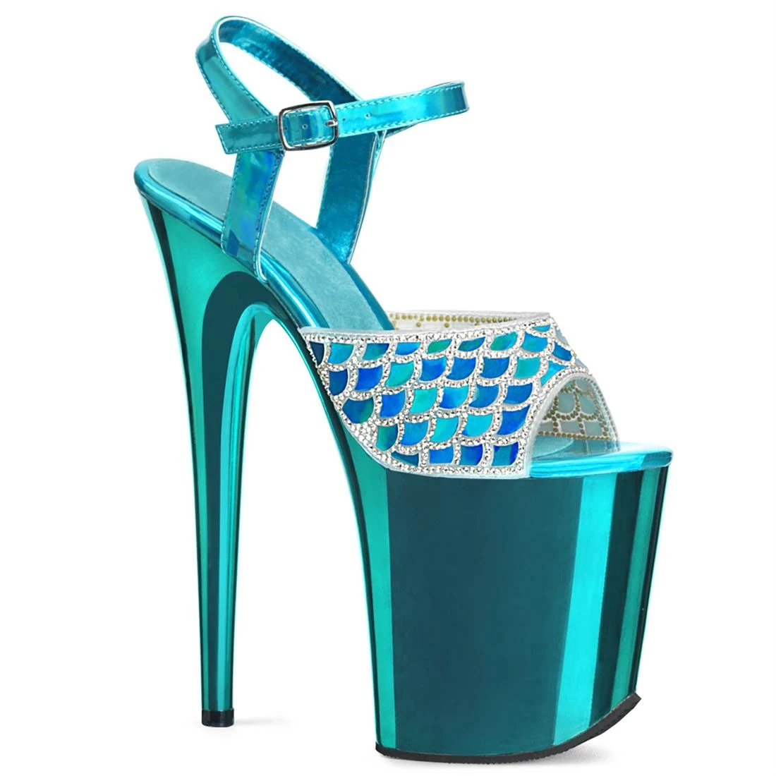 

Fashionable fish-scale upper, 8 inch high heels, 20 cm blue electroplated stiletto heels, sexy model pole dance shoes