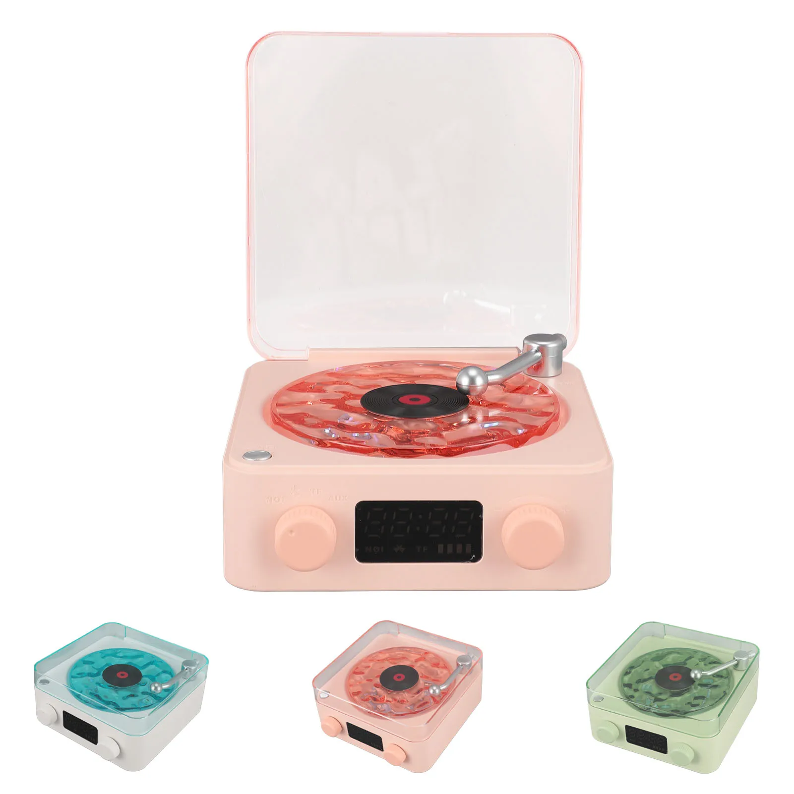 Record Player Style Bluetooth Speaker with Night Light and Time Display 3 in 1 Multifunction Small Stereo Wireless Speaker