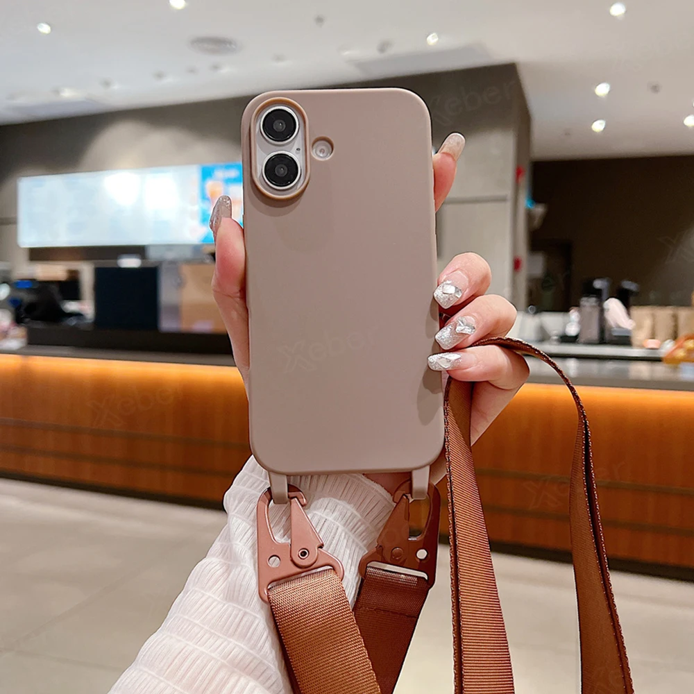 Étui de téléphone en silicone mat avec lanière large et collier bandoulière pour iPhone 16 15 14 Pro Max 13 12 11 XR XS MAX Housse mate antichoc_voghion.com