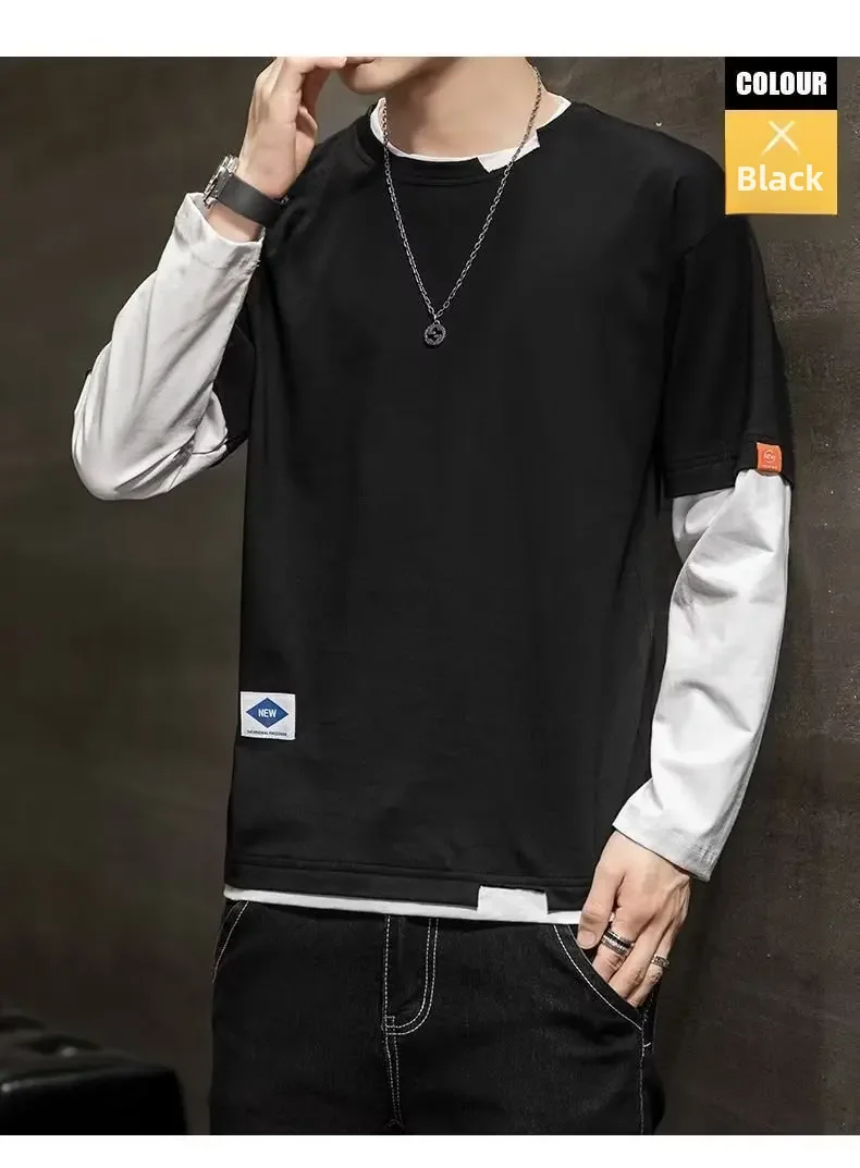2022 Autumn New Trendy Long Sleeve T-shirt For Men Two-piece Illusion Top Korean Style Loose-fit Versatile T-shirt
