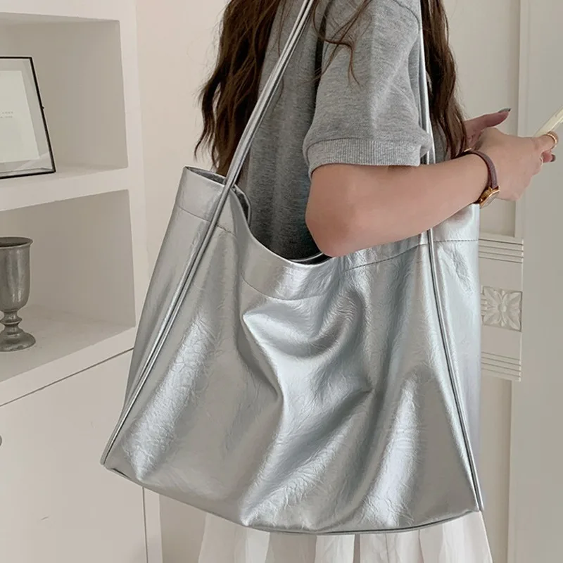 Casual Large Capacity Totes Commuting Designer Women Shoulder Bags Luxury Soft Pu Leather Lady Purses and Handbags Big Silver - 2