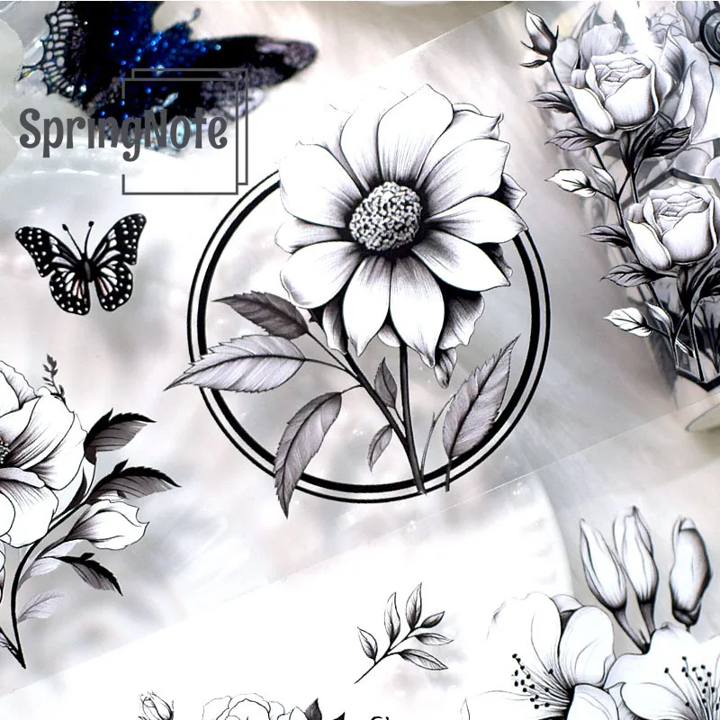 2m/Roll Monochrome Butterfly Flower PET Tape Masking Tape For Sticker Scrapbooking Journal Card Making Stationery 3