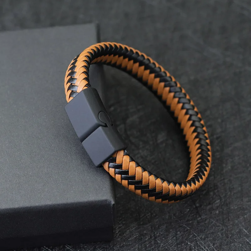 Men Leather Bangle Black Braided Magnetic Clasp Punk Bracelet