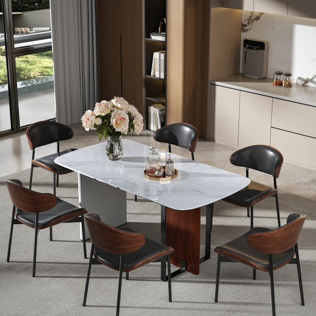 Tavolo da pranzo rettangolare contemporaneo da 63 pollici in pietra sinterizzata e piano in vetro temperato per sala da pranzo, sala banchetti 6