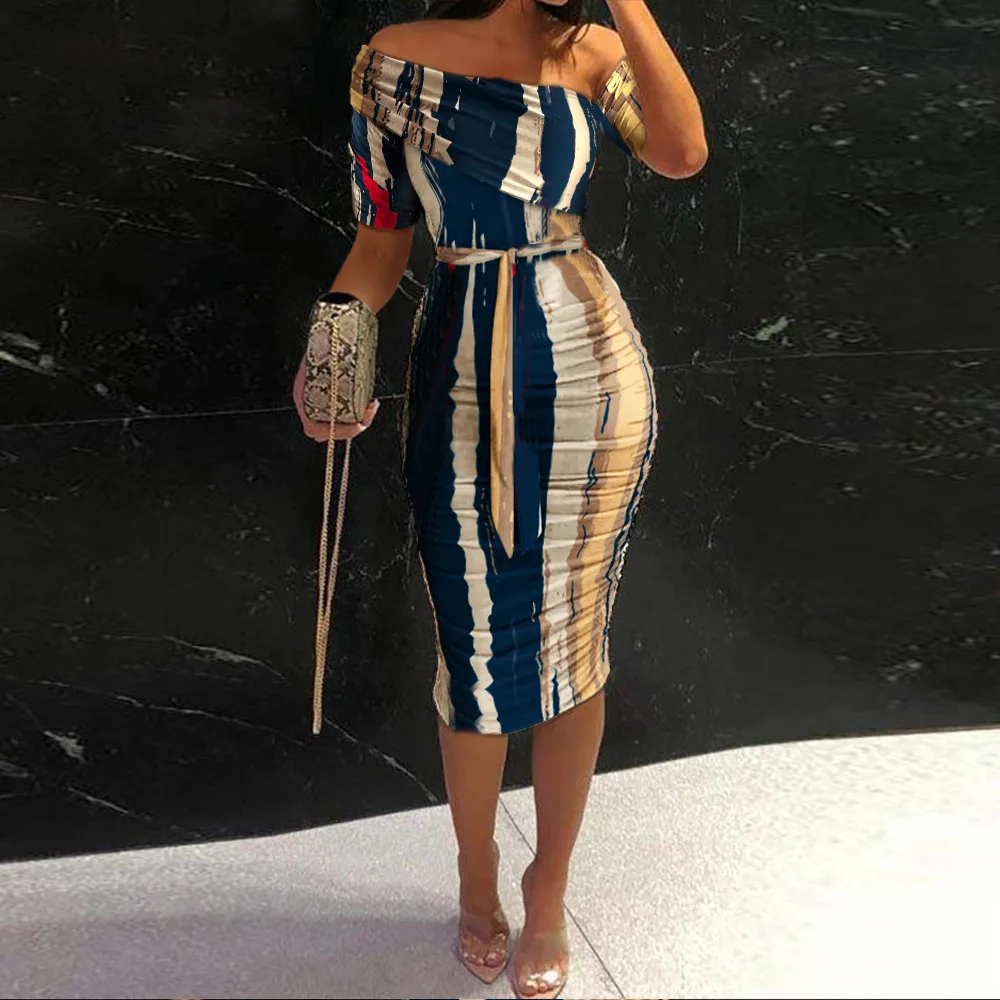 

Женское элегантное платье миди, летнее облегающее платье с косыми плечами, коротким рукавом, модным принтом, поясом, завязками на бедрах, для банкета, коктейля