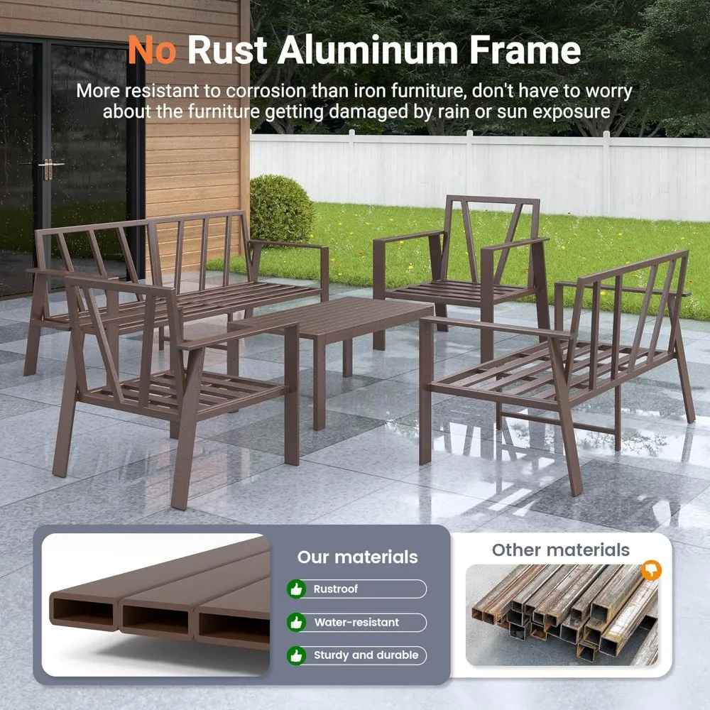 5 Pieces Aluminum Patio Furniture Set, 7-Seat Metal Outdoor Furniture Set with 4" Water-Resistant Cushion , Sets for Porch, Deck 4