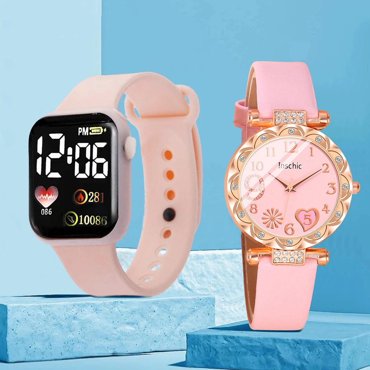 Wrist Watch 2pcs Fashion Simple Square Electronic Watch and Leather Quartz Wrist Watch