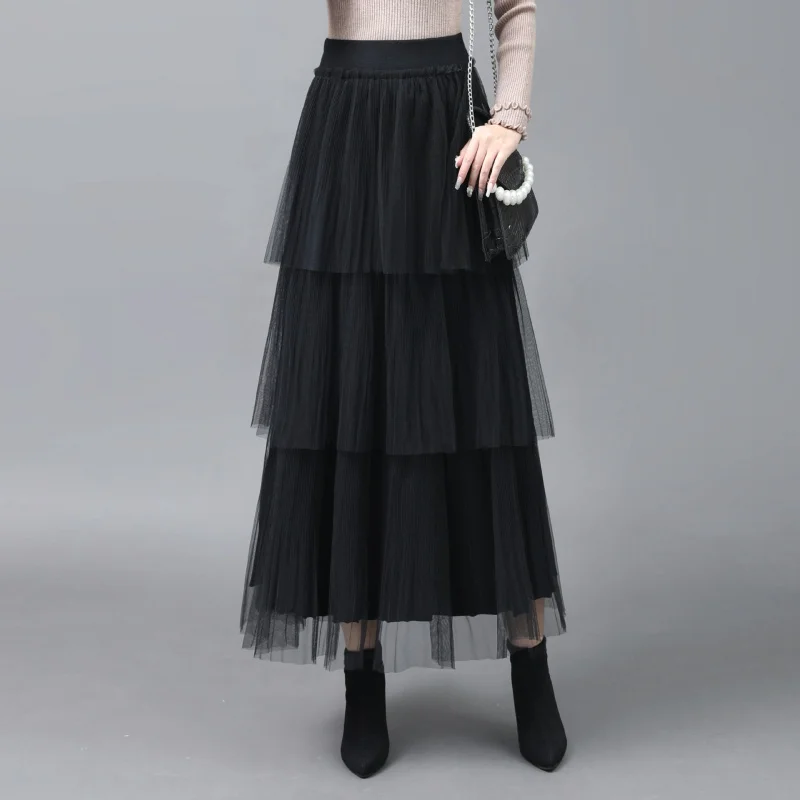 Three-Layer Net Falbala Joint Knitted Wool Cake Dress A- line All-Match Slimming High-Waisted Skirt Wholesale tropico 5 joint venture