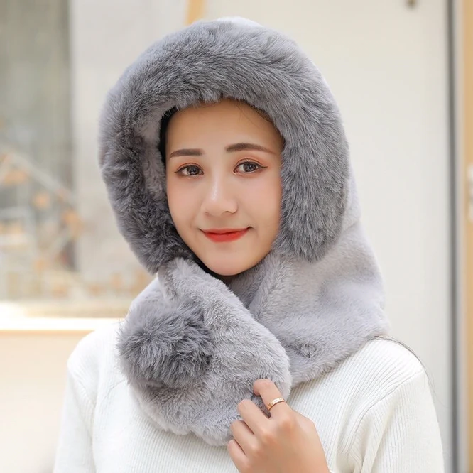 

Plush Hat Female Autumn Winter New Ear Protection Warm Hat Scarf One Girl Lovely Hat Women Lmitation Fur Coral Velvet Grey