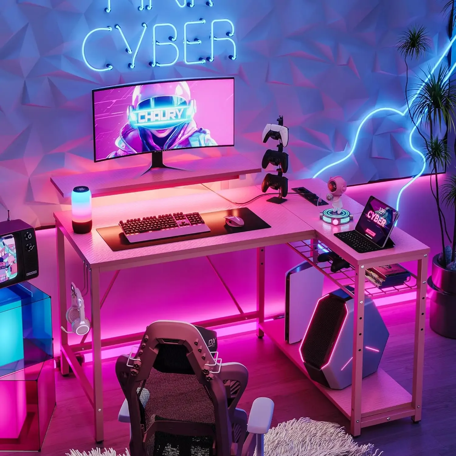 Desk with Power Outlets,42 LED Small Corner Computer Desk with Reversible Storage Shelves,L Shaped Desk with Hook 3