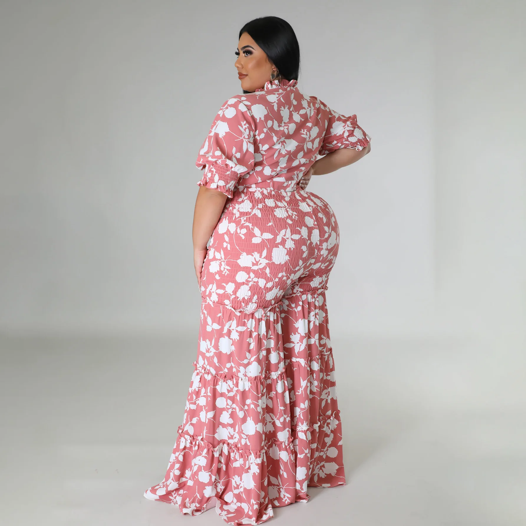 Plus Size Elegant Sets Flower Print Tops And Wide Leg Pants Female Fashion Women Casual Cloth 2023 Summer Two Piece Matching Set
