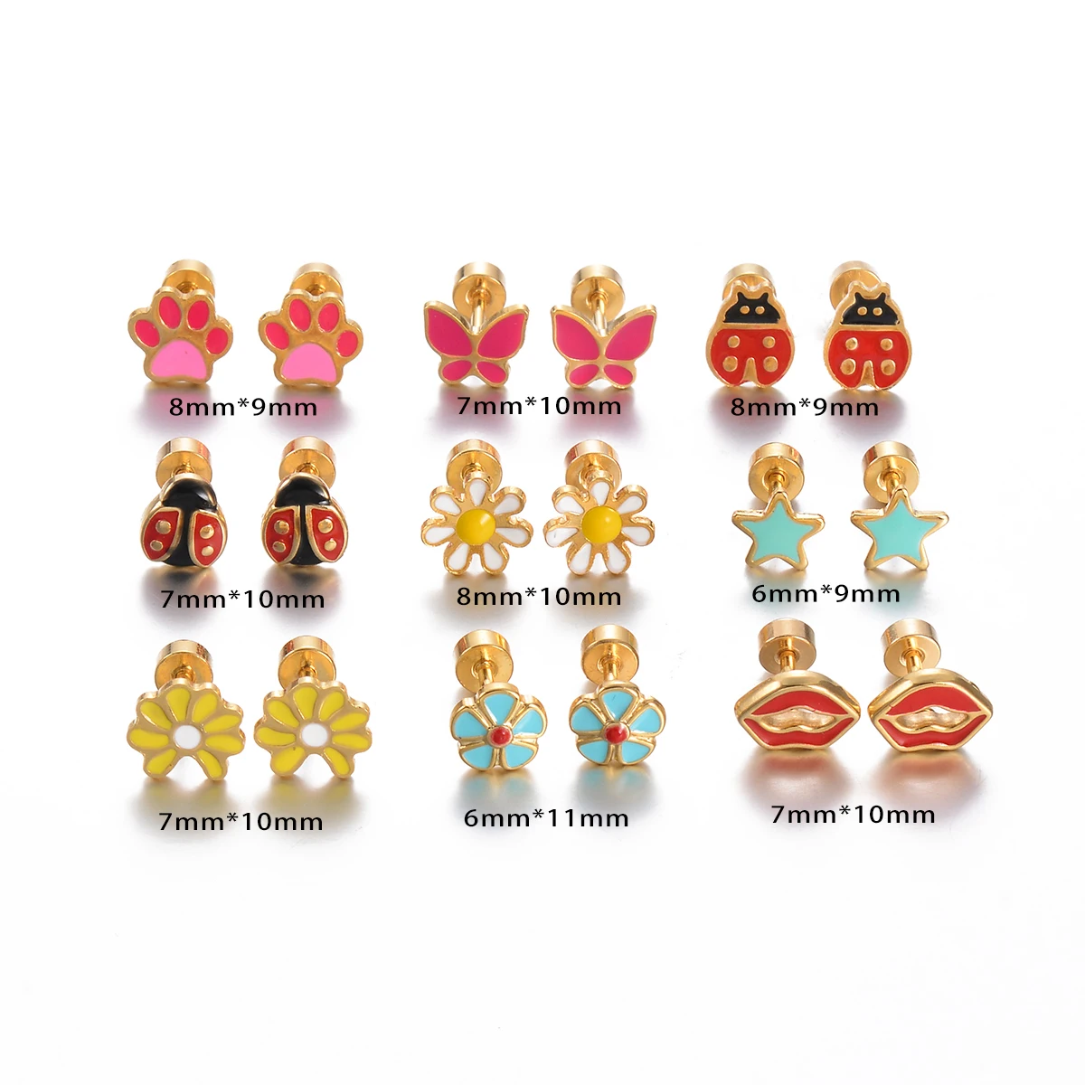 1Pair Stainless Steel Cute Ear Post Stud Earrings Enamel Daisy Ladybug Butterfly Paw Red Lip Star Earring Girl Jewelry 6