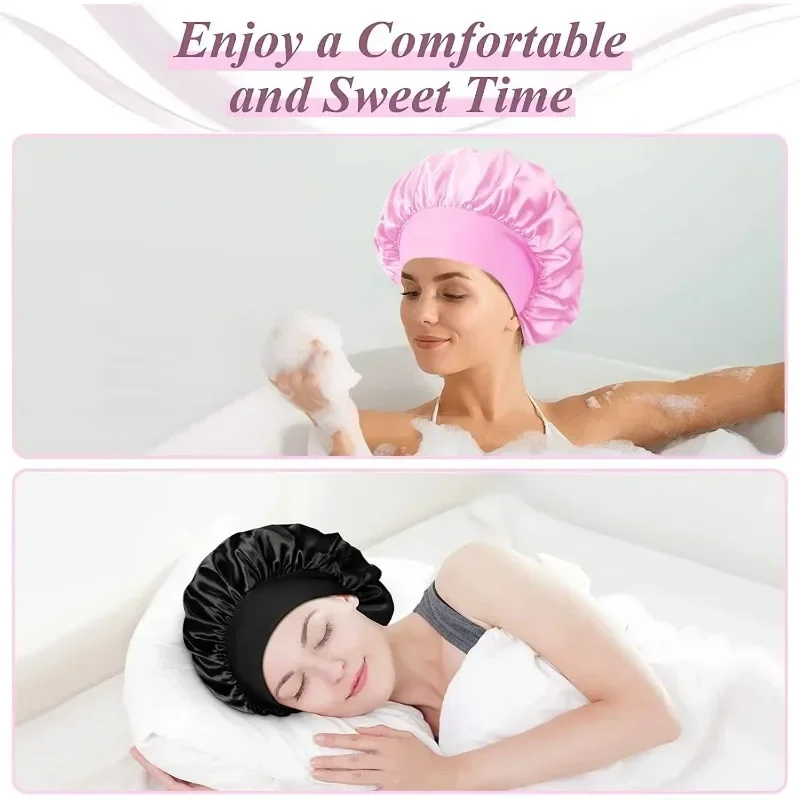 1pcs Soft Silk Satin Lined Bonnet Large Satin Hair Bonnet Household Sleep Shower Cap Hair Wrap Cover for Long Hair Salon Tool 6